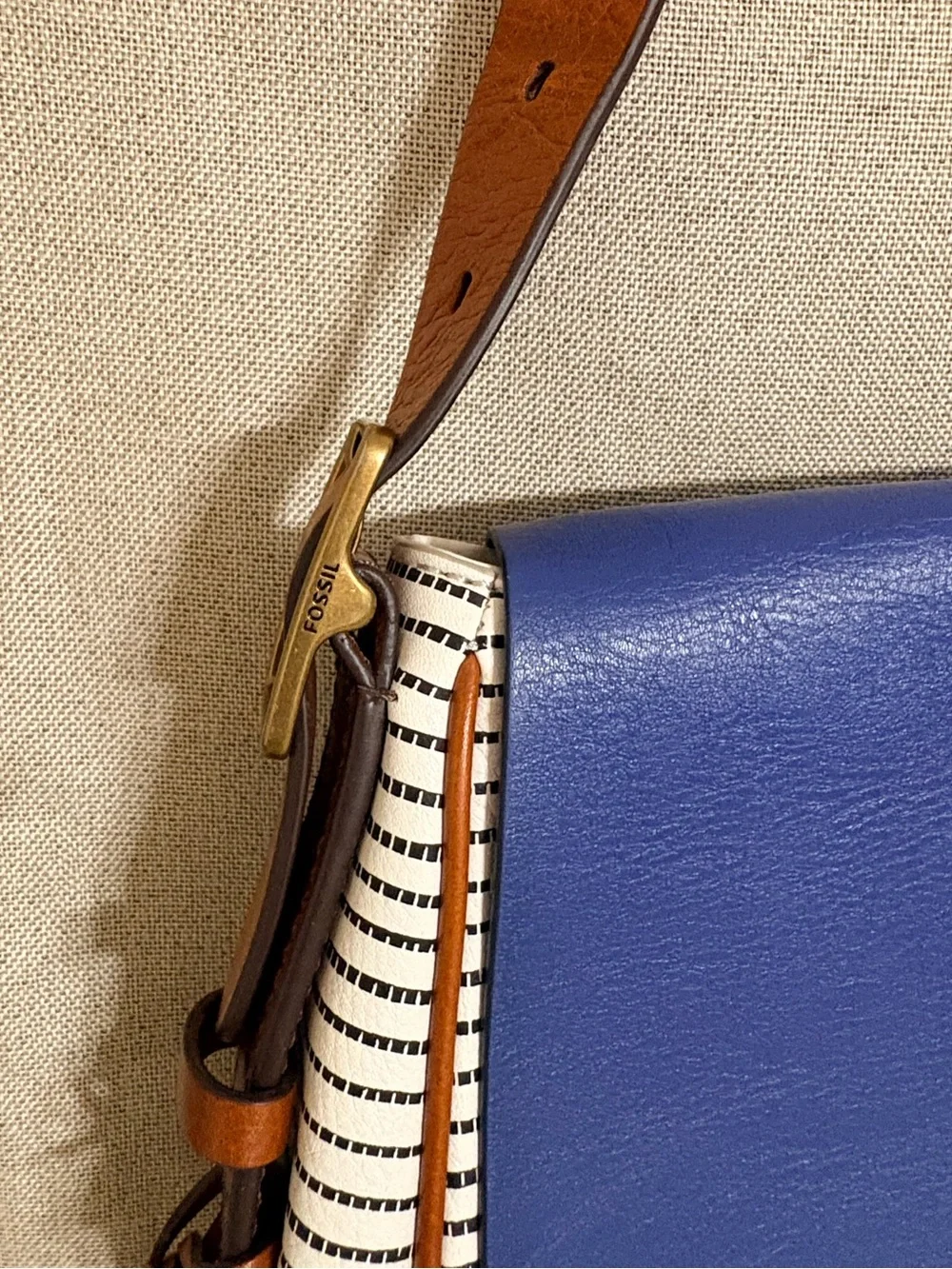 Fossil Cowhide Leather Nautical Stripe Shoulder Bag Blue White Adjustable Strap